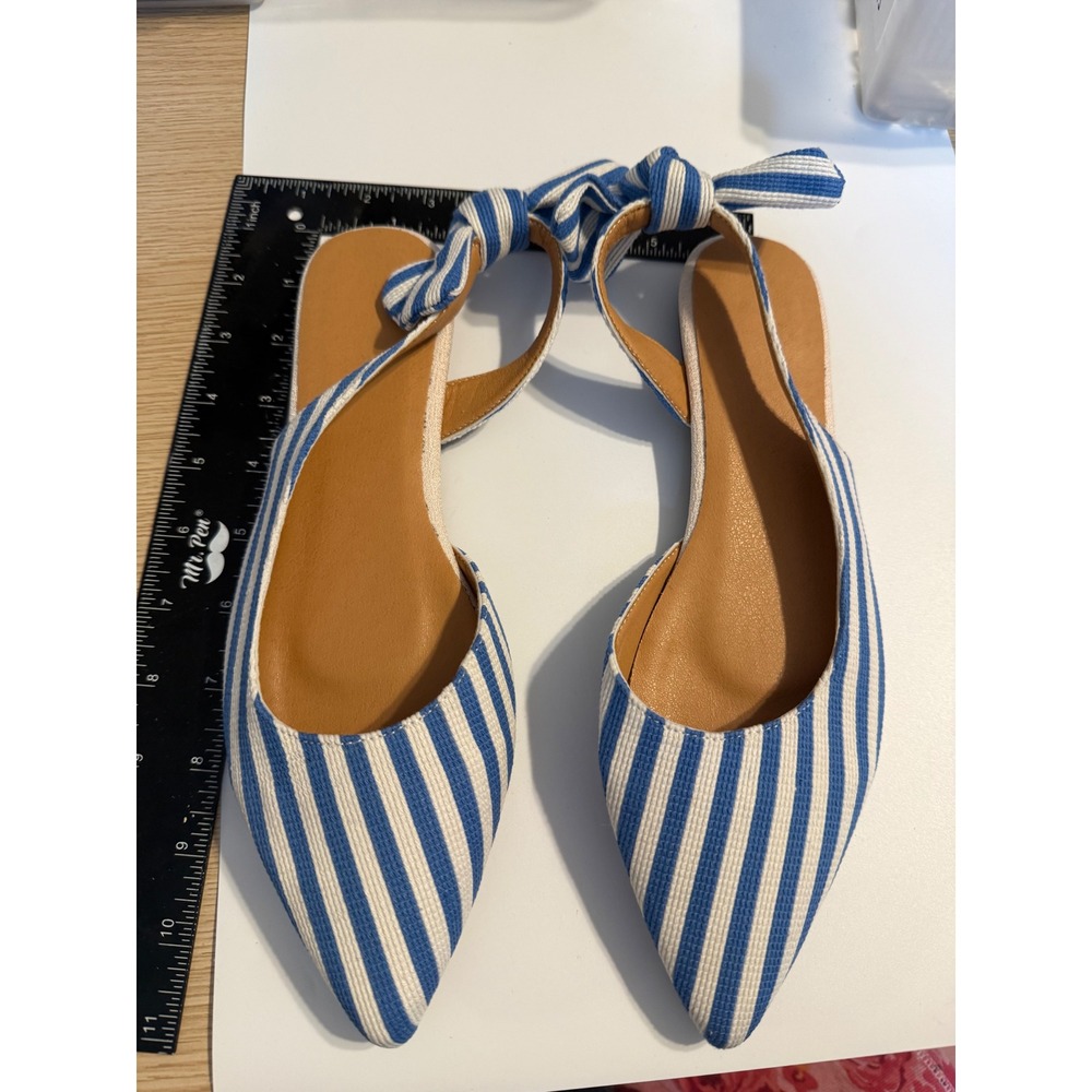Blue White Striped Slingback Bow Flats Pointed‎ Toe Nautical Shoes Size 38